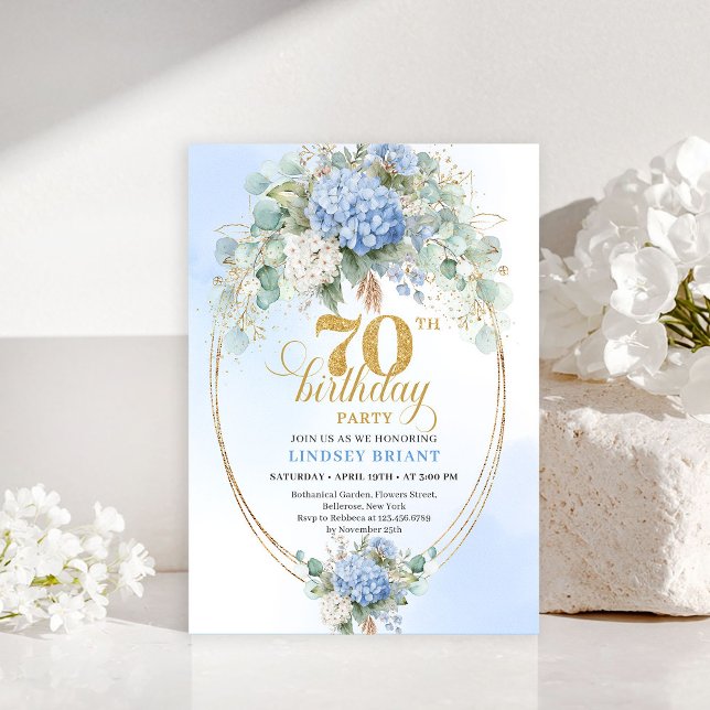 Invitation Stylish 70th Birthday Light Blue Hydrangea Invite (Stylish 70th Birthday Light Blue Hydrangea Invitation)