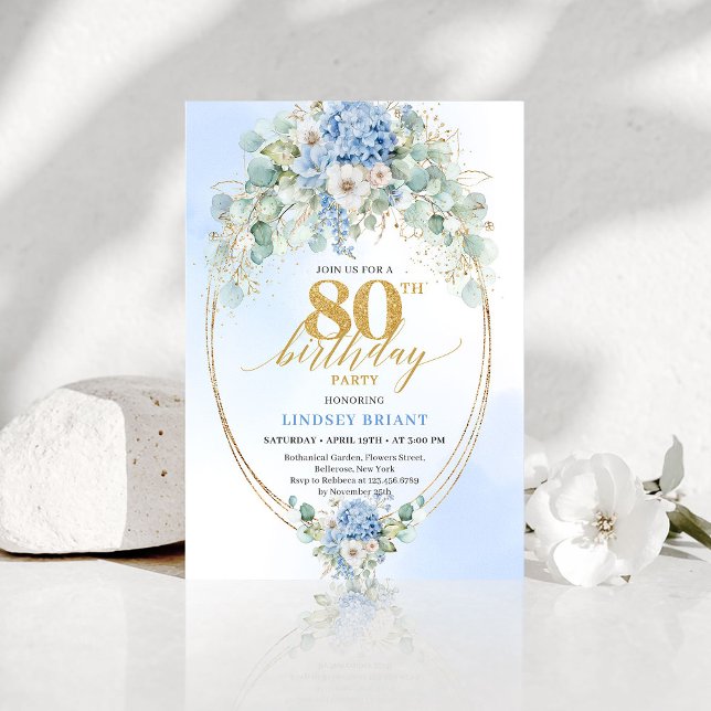 Invitation Stylish Blue Hydrangea Gold Accent 80th Birthday (Stylish Blue Hydrangea Gold Accent 80th Birthday)
