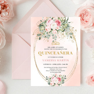 Invitation Stylish Blush Roses Greenery Quinceañera Invite