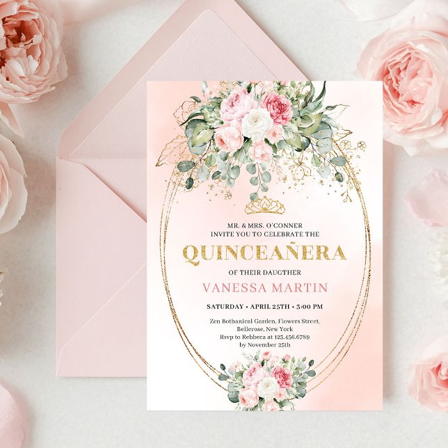 Invitation Stylish Blush Roses Greenery Quinceañera Invite (Stylish Blush Roses Greenery Quinceañera Invite

)