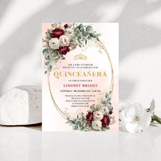 Invitation Stylish Bohemian Maroon Flowers Gold 15th Birthday