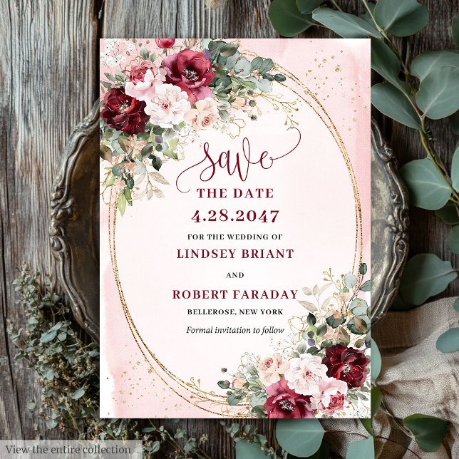 Invitation Stylish Boho Burgundy Blush Gold Floral Save date (Minimalist Boho Merlot Blush Gold Roses Save It)