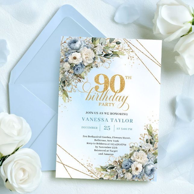 Invitation Stylish Boho Dusty Blue Gold Accent 90th Birthday (Stylish Dusty Blue Gold Accent 90th Birthday Invite

)