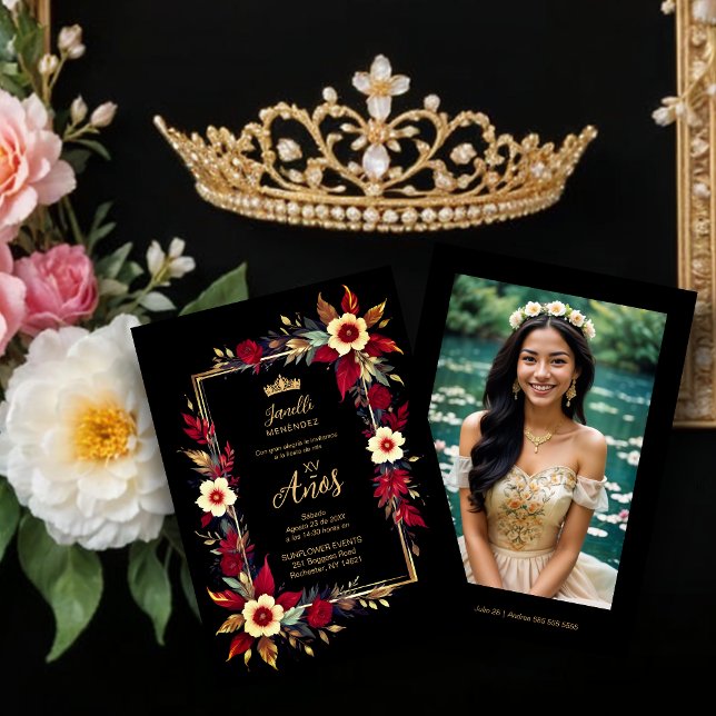 Invitation  Stylish Botanical Red Shades Frame Photo Spanish  (Stylish Botanical Red Shades Frame Photo Spanish Photo Quinceañera Invitations)