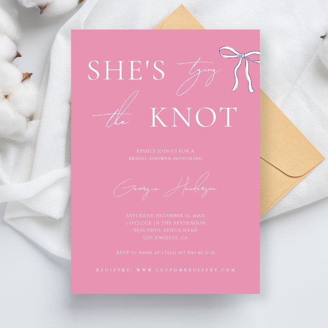 Invitation Stylish Elle noue la Fête des mariées rose noeud (Créateur téléchargé)