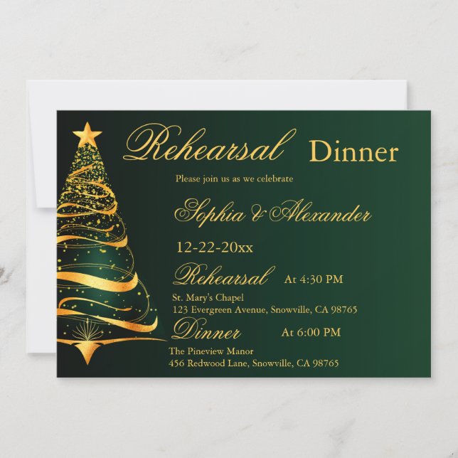 Invitation Stylish Golden Christmas arbre mariage répétition (Devant)