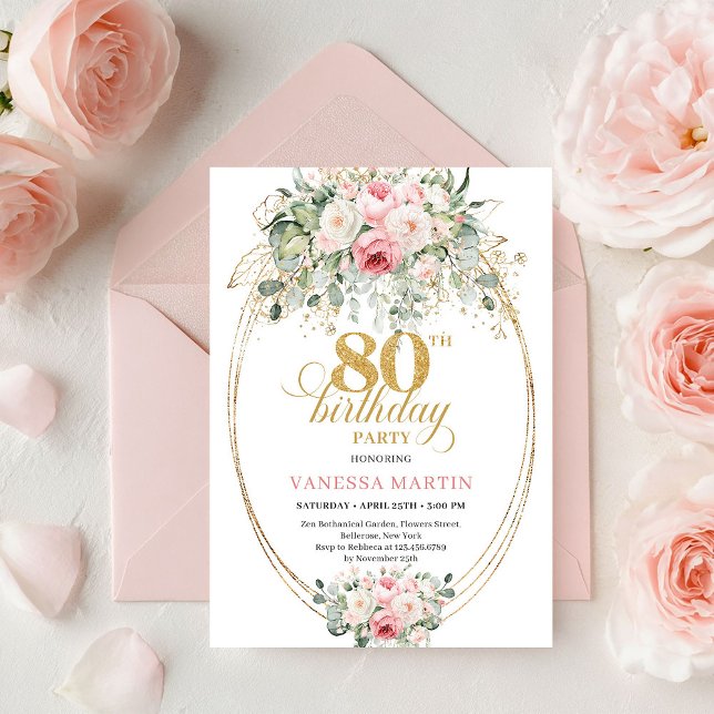 Invitation Stylish Minimal Blush Floral 80th Birthday Invite (Stylish Minimal Blush Floral 80th Birthday Invitation

)