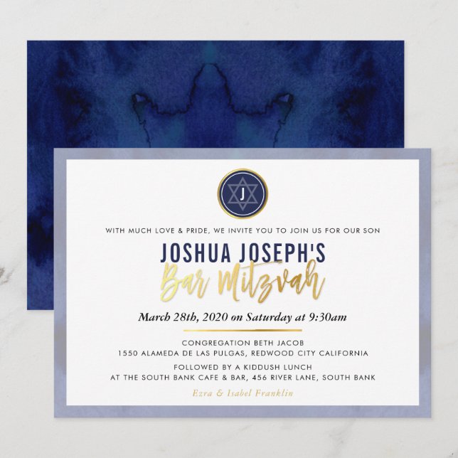 Invitation STYLISH MONOGRAM BAR MITZVAH marine bleu or script (Devant / Derrière)
