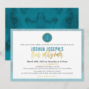 Invitation STYLISH MONOGRAM BAR MITZVAH turquoise en or bleu
