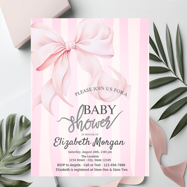 Invitation Stylish Pink Bow Pink Striped Baby Shower (Créateur téléchargé)