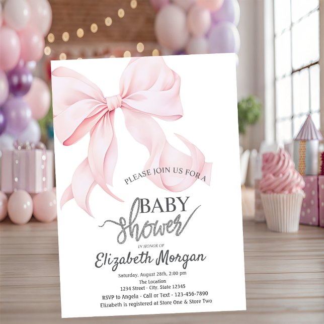 Invitation Stylish Pink Bow Striped Baby Shower (Créateur téléchargé)