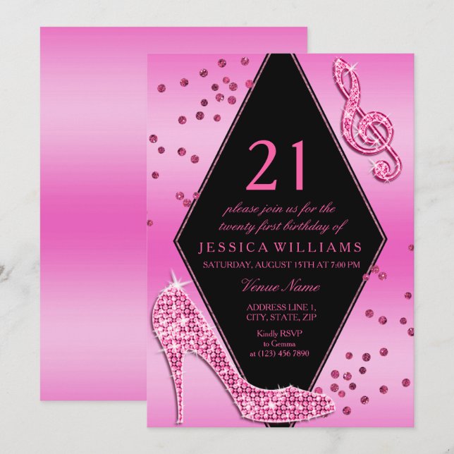 Invitation Stylish Pretty Glitzy rose 21e anniversaire (Devant / Derrière)