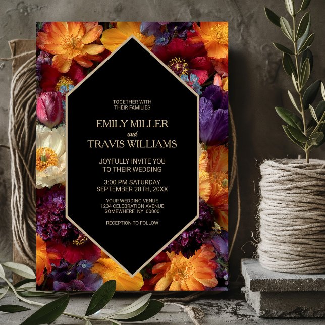 Invitation Stylish Purple and Orange Floral Black Wedding (Créateur téléchargé)