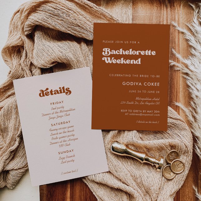 Invitation Stylish rétro brûlé orange Bachelorette Week-end (Créateur téléchargé)