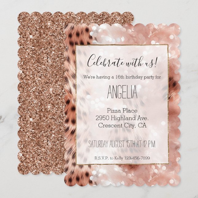 Invitation Stylish Rose rose rose or Leopard Glitz (Devant / Derrière)