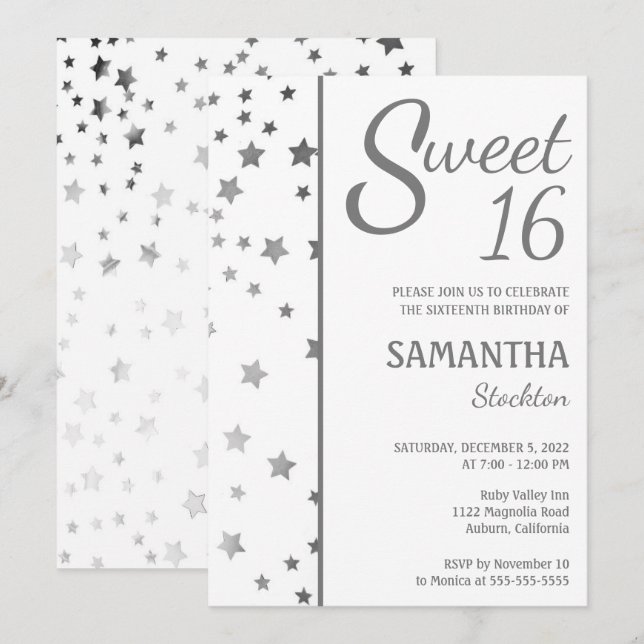 Invitation Stylish Stars Sweet 16 (Devant / Derrière)