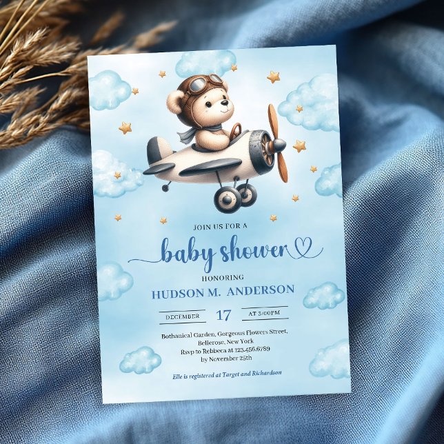 Invitation Stylish Teddy Bear Pilot Blue Gold Baby Shower  (Stylish Teddy Bear Pilot Blue Gold Baby Shower Invitation

)