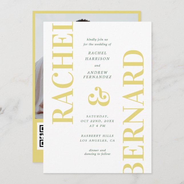 Invitation Stylish Yellow & Green Typography QR Code Wedding (Devant / Derrière)