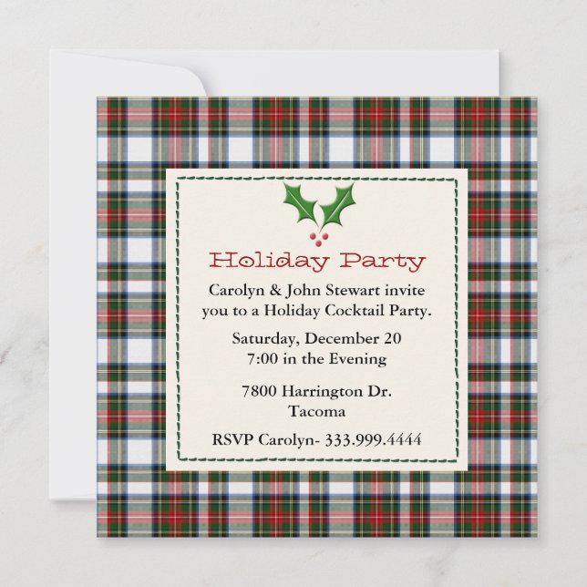 Invitation Stylo Stewart Dress Tartan Custom Holiday Party (Devant)
