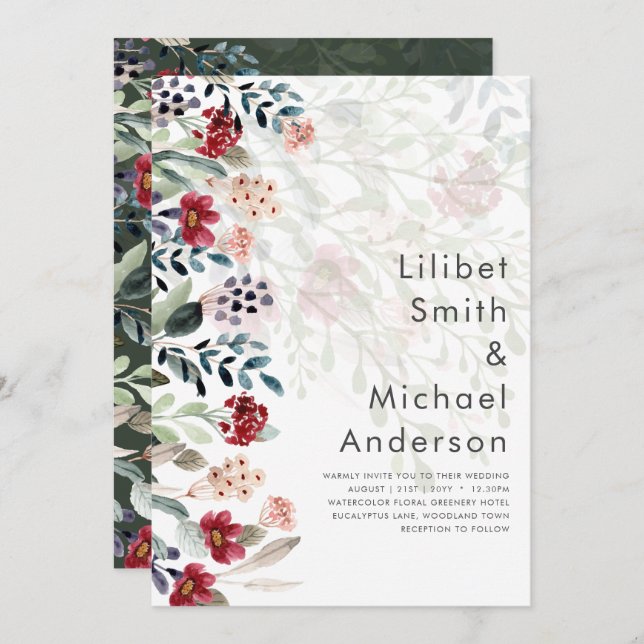 Invitation Sublime Bourgogne Bleu Fleur sauvage Élégant Maria (Devant / Derrière)