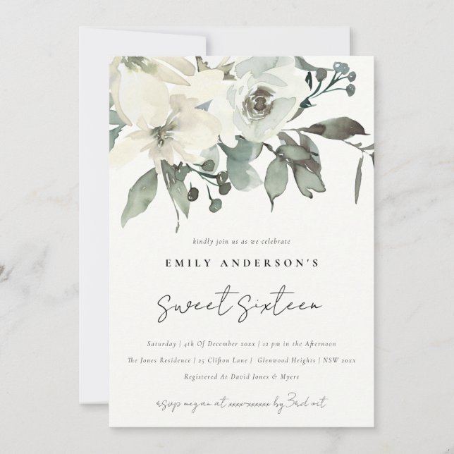 INVITATION SUBTLE IVORY BLANC FLORAL BUNCH SWEET 16 ANNIVERSA (Devant)