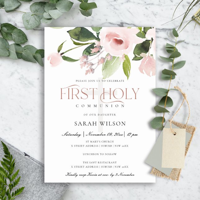 INVITATION SUBTÔT BLUSH ROSE FLORE PREMIER SAINT COMMUNION (Créateur téléchargé)