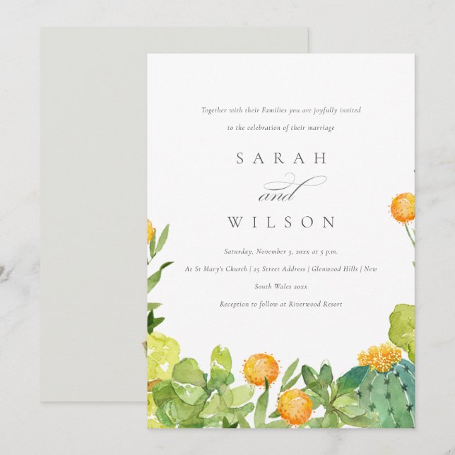 INVITATION SUCCULENT CACTUS JARDIN FLORAL MARIAGE DE COULEUR  (Devant / Derrière)