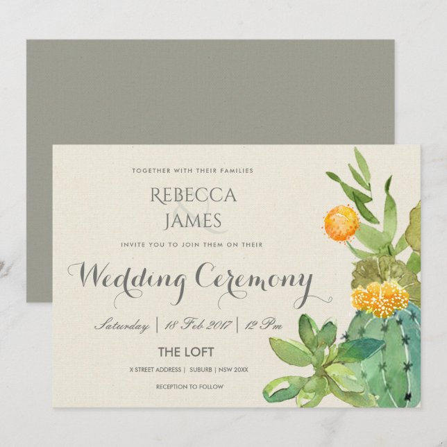 INVITATION SUCCULENT CACTUS MARIAGE DE JARDIN FLORAL (Devant / Derrière)