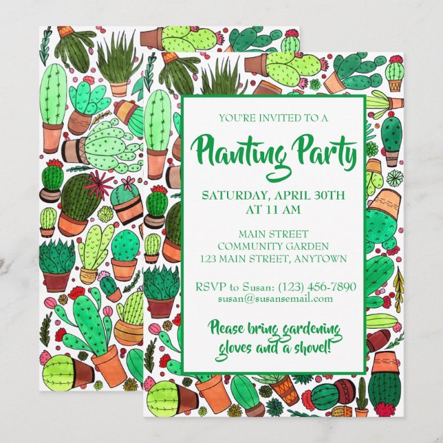 Invitation Succulent Cactus Poted Plante Cactus Garden Party (Devant / Derrière)