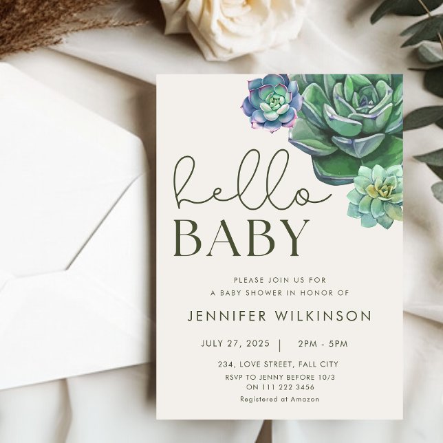 Invitation Succulent désert botanique Bonjour Baby shower (Succulent Botanical Desert Hello Baby Shower Invitation)