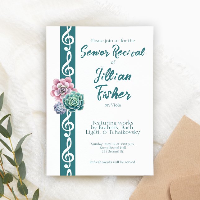 Invitation Succulent Treble Clef Thème Senior Music Considéra (Custom senior recital invitation template.)