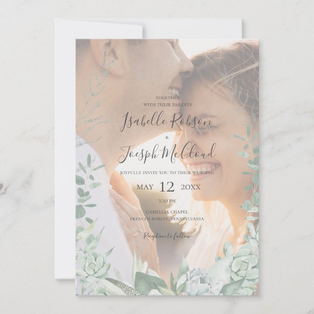 Invitation Succulent Végétal Faded Photo Tout en un Mariage (Devant)