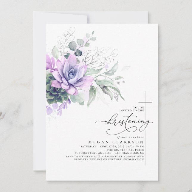 Invitation Succulent Verdure Argent Élégant Christening (Devant)