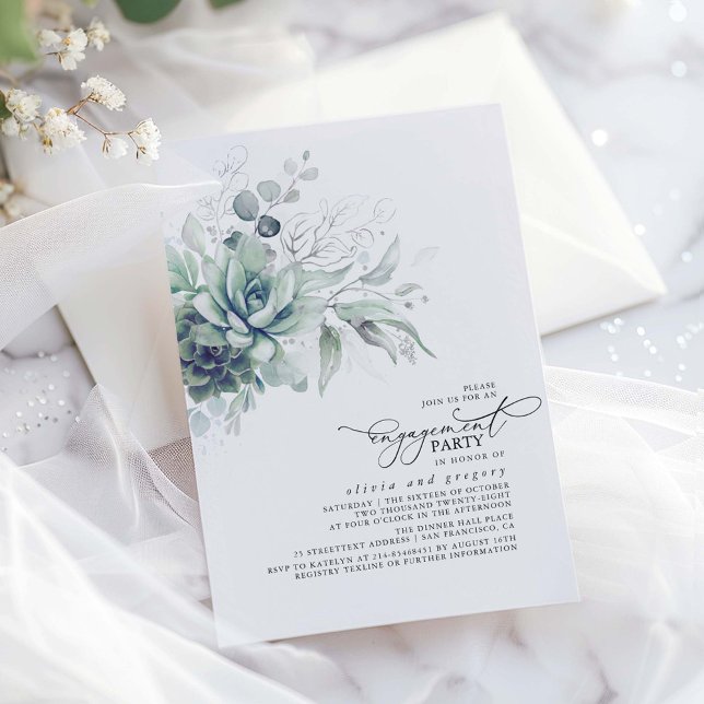 Invitation Succulent Verdure Argent Feuille (Succulents greenery and silver leaves elegant engagement party invitations)