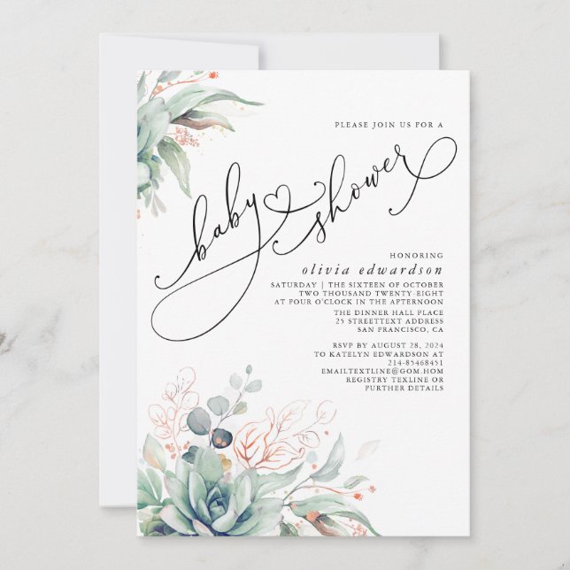 Invitation Succulent Verdure Cute Élégant Baby shower (Devant)