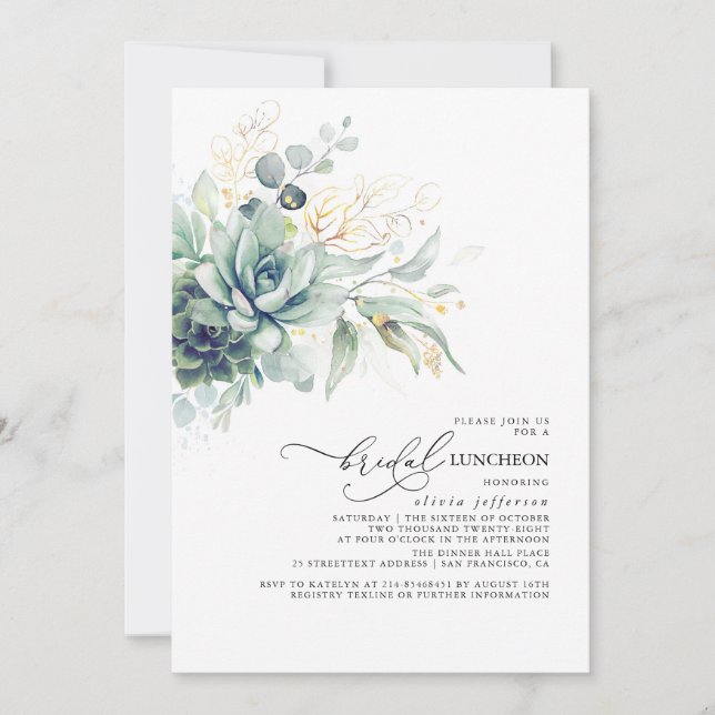 Invitation Succulent Verdure Or Feuille Bridal Luncheon (Devant)