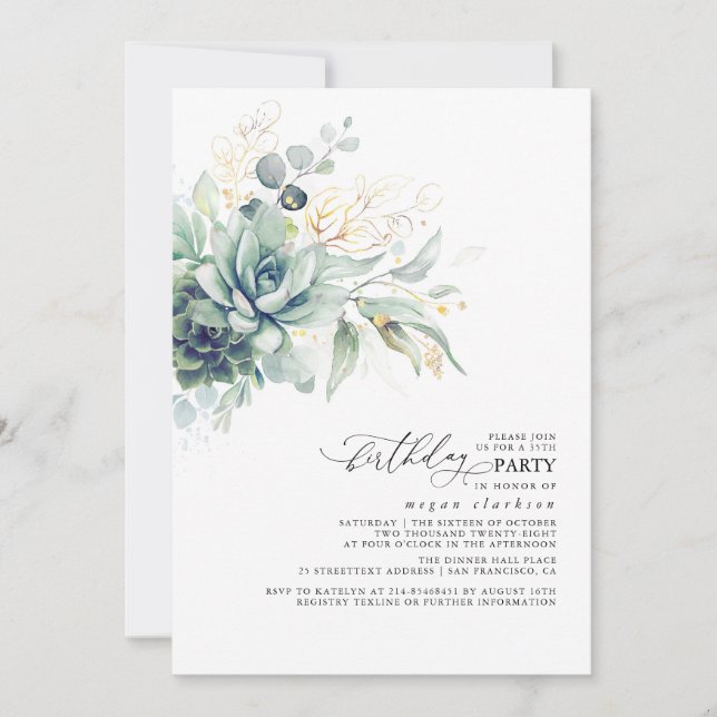 Invitation Succulent Verdure Or Feuilles Boho Anniversaire (Devant)