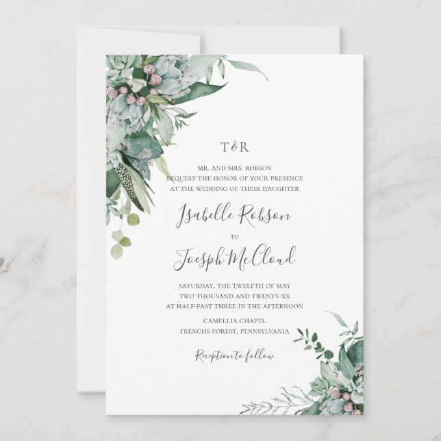 Invitation Succulent Vert foncé Monogramme Mariage (Devant)
