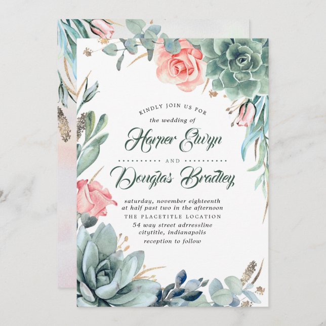 Invitation Succulent Vert rose Floral Moderne Mariage (Devant / Derrière)