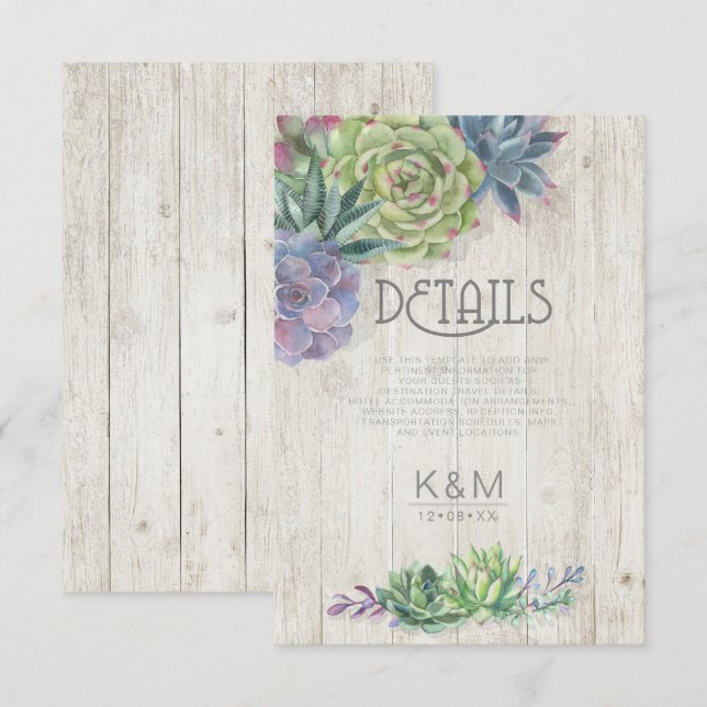 Invitation Succulentes et détails en bois rustique Insert ID5 (Devant / Derrière)