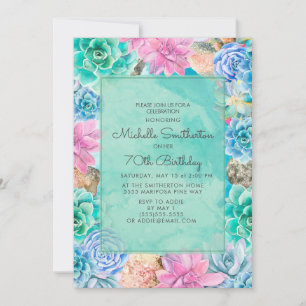 Invitation Succulentes Florales Rose Bleu Vert 70e Anniversai