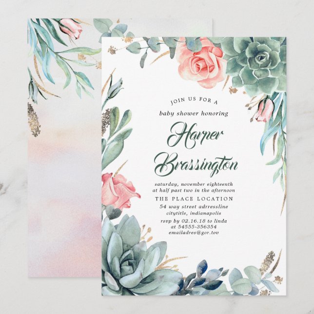 Invitation Succulents Baby shower verdoyant et rose rose (Devant / Derrière)