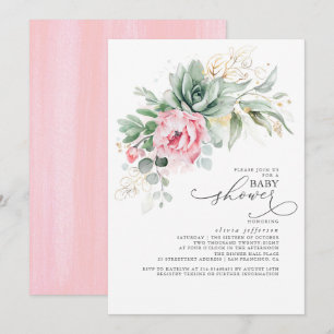 Invitation Succulents Baby shower verdure et fleurs roses
