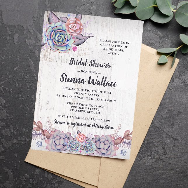 Invitation Succulents doux Fête des mariées d'aquarelle rusti (Créateur téléchargé)
