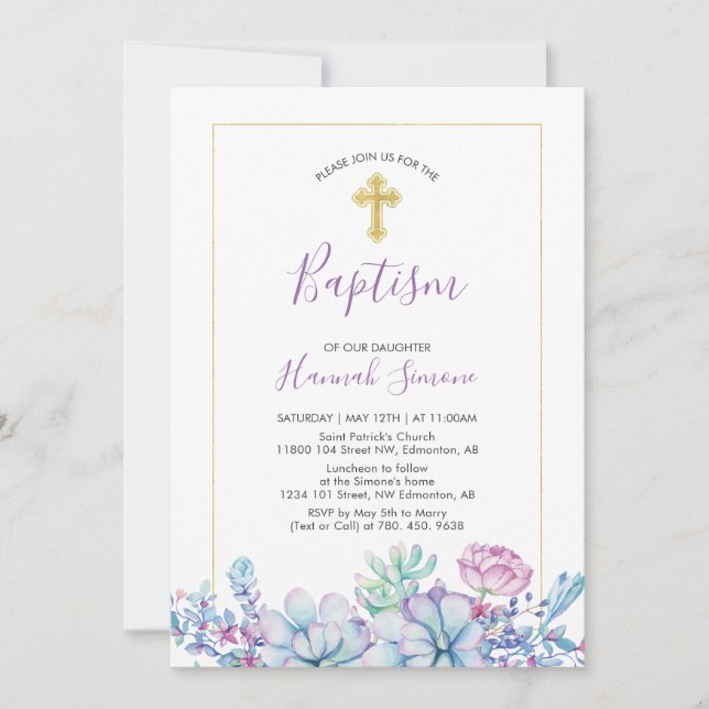 Invitation Succulents et croix | Baptême de fille, baptême (Devant)