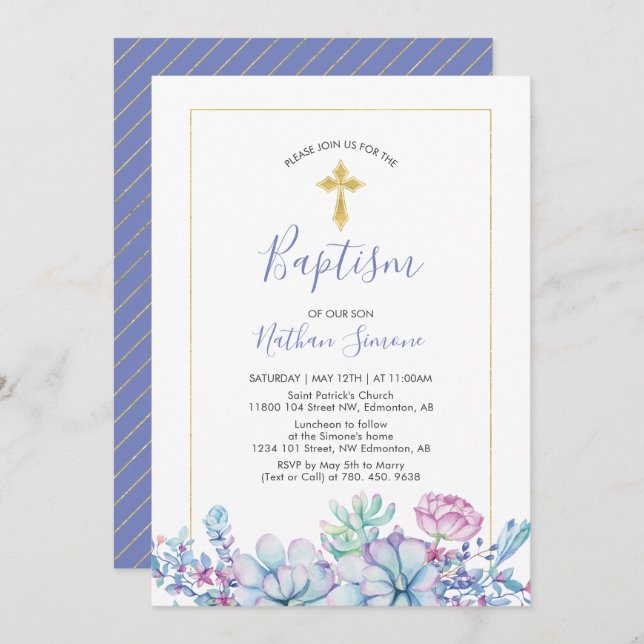 Invitation Succulents et croix | Baptême de garçon, baptême (Devant / Derrière)