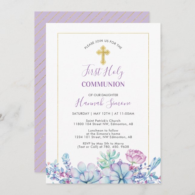 Invitation Succulents et croix | La Première Fille Sainte Com (Devant / Derrière)