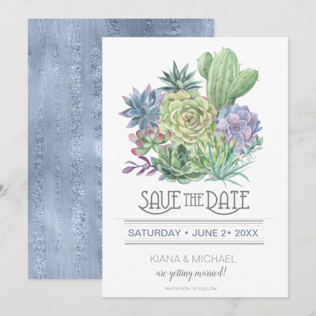 Invitation Succulents et étincelles Enregistrer la date Blue  (Devant / Derrière)
