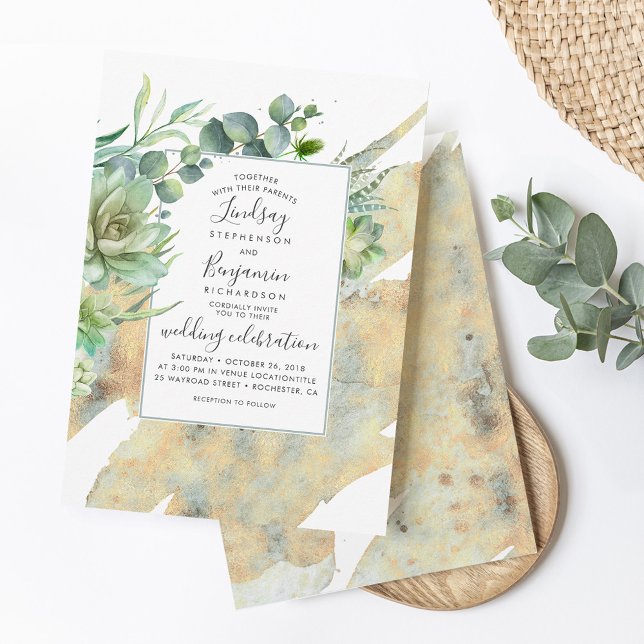 Invitation Succulents et or Elegant Mariage Aquarelle (Créateur téléchargé)