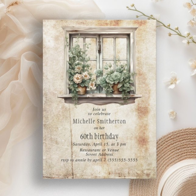Invitation Succulents Fenêtre Jardin Rustique 60e anniversair (Rustic succulent garden 60th birthday party invitation)